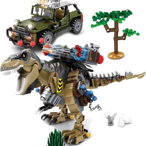645pcs Truck Chase Tyrannosaurus Rex Dino Building Blocks Jurassic Dinosaurs World Park Bricks with 4 Figures Toys For Children