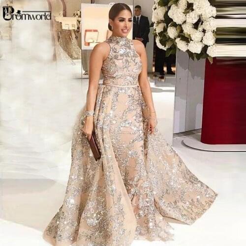 Sparkly Glitter Sequin Lace Prom Gown Champagne Mermaid Evening Dresses Long Detachable Train Arabic Plus Size Formal Dress 2020