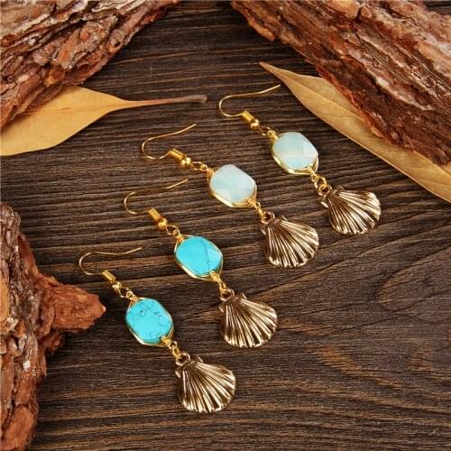 Bohemia Gold Alloy Shell Pendant Earrings For Women Turquoises Amazonite Stone Charm Eardrop Dangler Fashion Female Jewelry Gift