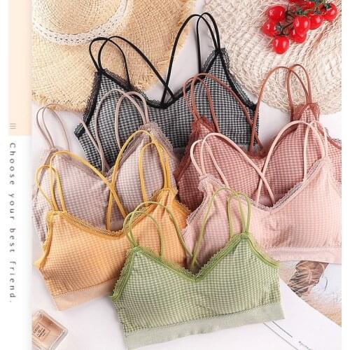 Women Fashion Wireless Bra Padded Bralette Lace Tank Top Sexy Seamless Lingerie Plaid Cross Cami Female Underwear Candy Color