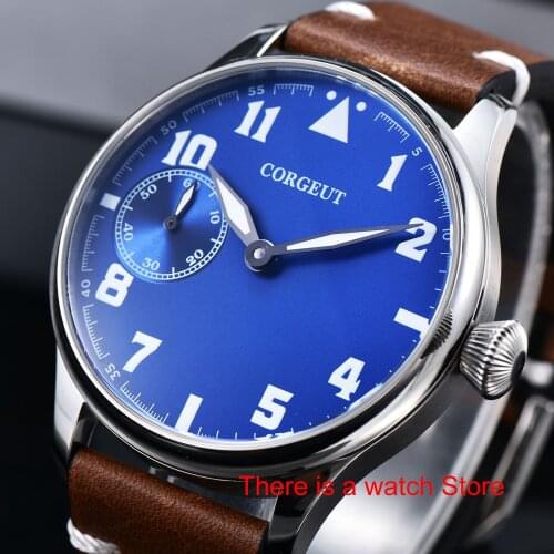 Corgeut 44mm Watch Men 17 Jewels Hand Winding 6497 Movement Luminous Waterproof Mechanical Wristwatches Leather Strap