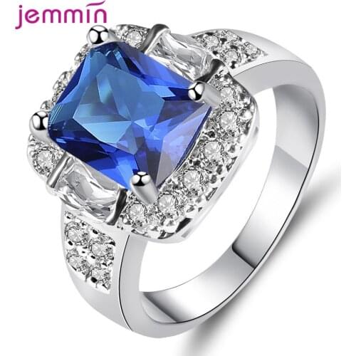 Blue Diamond 925 Sterling Silver Ring For Women Square Ring With Rhinestones Party Wedding Couples Jewelry