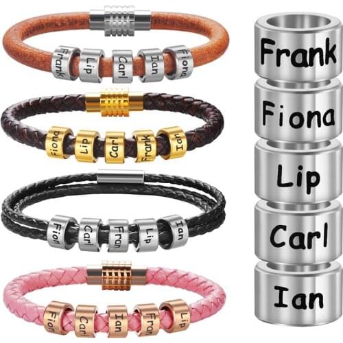 Customized Name Bracelet Stainless Steel Beads Genuine Leather Bangle Personalized Name Accessories Men Bracelets
