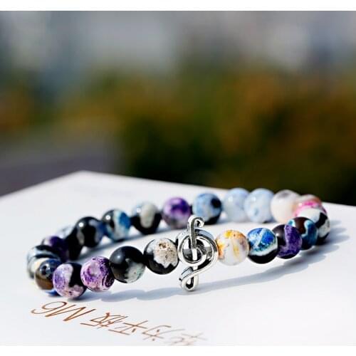 Classic Womens Stone Beaded Bracelet Men Jewelry Silver Color Musical Note Alloy Bracelets&Bangles Feminina
