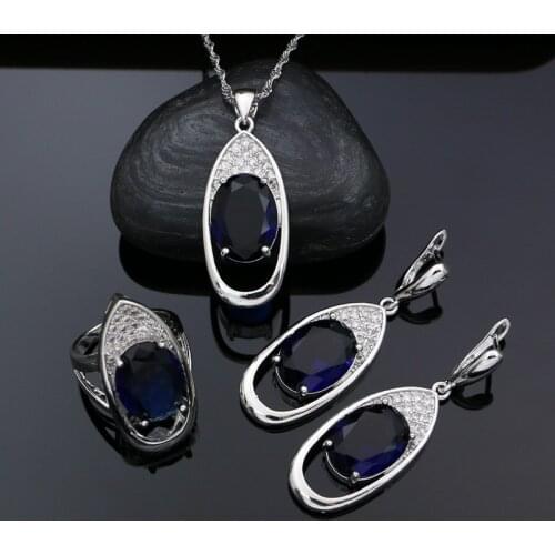 925 Sterling Silver Party Jewelry Sets For Women Blue Stones White Crystal Drop Earrings Necklace Pendant Ring Silver Kit