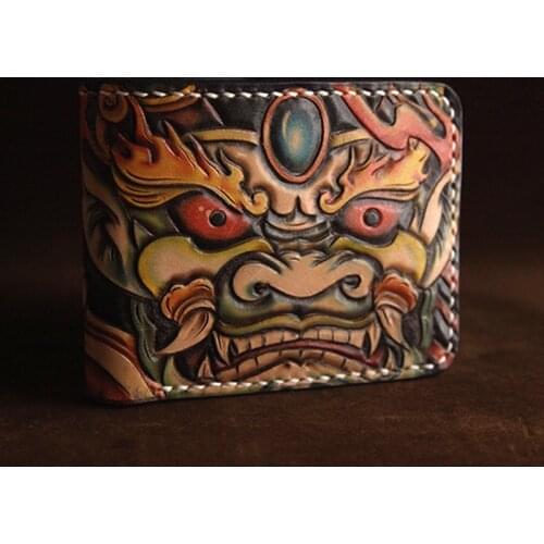 Hand-made Short Cow Leather Carp Wallets Purses Men Skull Clutch Vegetable Tanned Leather Wallet Card Holder