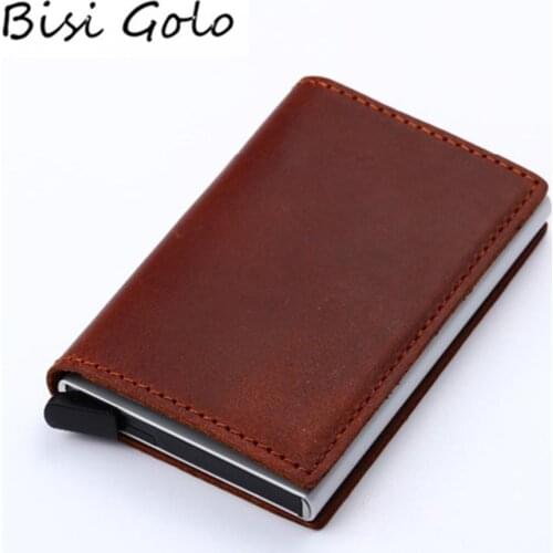 BISI GORO 2020 Wallet Genuine Leather Card Holder Vintage Purse Crazy Horse Leather Rfid Aluminium Business Card Holder