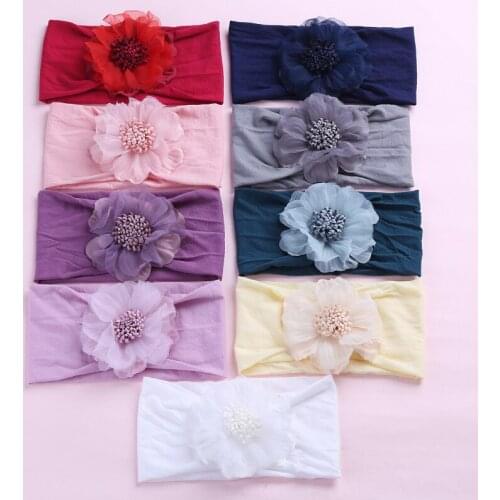 Summer chiffon head flower nylon wide hair band super soft stockings baby headband sports childrens headdress
