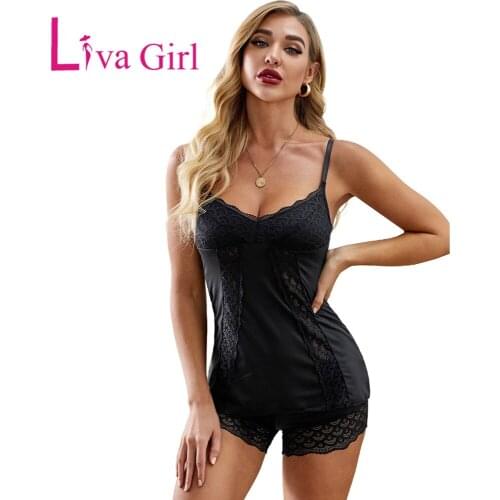 LIVA GIRL Sexy Lace Loungewear Set Woman 2021 Summer Smooth Thin Sleep Tops&Shorts Pajamas Female Solid Sweet Sleepwear Set S-L
