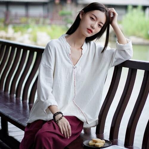 LZJN White Linen Tops 2020 Spring Ladies Shirts V Neck Long Sleeve Folk Hanfu Blusas Hand Stitching Traditional Chinese Blouses