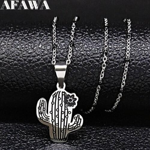 2021 Cactus Stainless Steel Statement Necklace Women Black Enamel Silver Color Chain Necklace Jewelry Gift gargantilla N1848S01