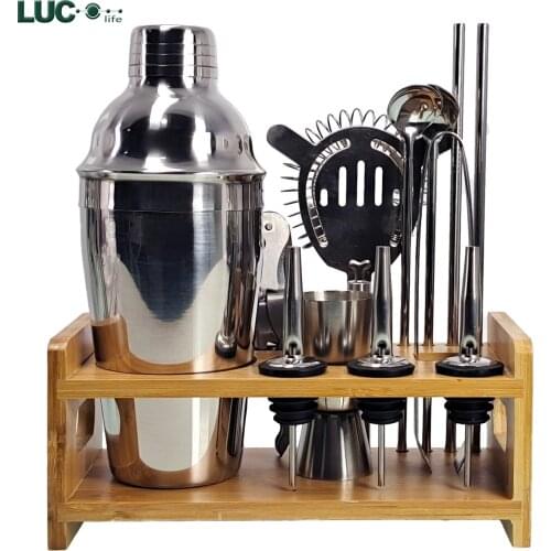 Mixer Jigger Metal Bartender Boston Cocktail Shaker Mixer Drink Tool Bar Set Kit Wooden Stand Base