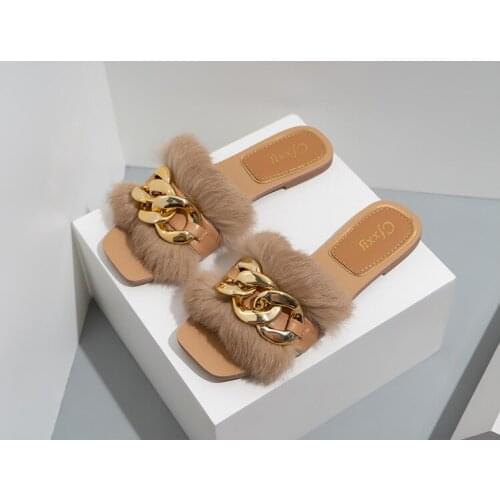 Fashion Chain Plush Furry Fluffy Woman Sandals White Flat with Outdoor Slides Fur Summer Shoes Ladies Beach Sandals Plus Size