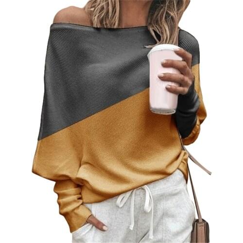 New Spring Autumn Women Sexy Color Block Off Shoulder Loose Long Sleeve T-Shirt Top футболка женская