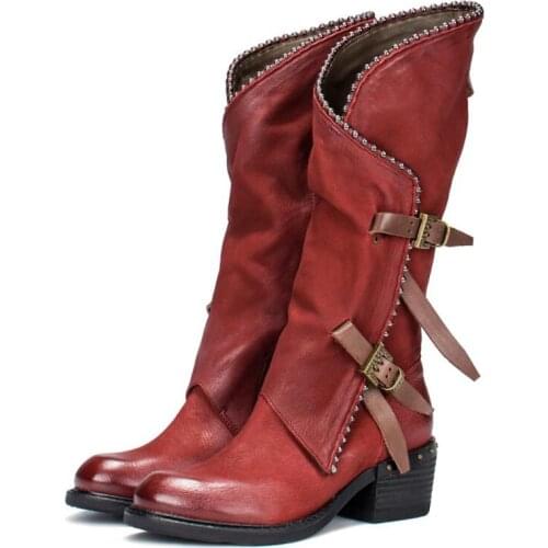 Original Retro Boots Medium Heeled Roman Style Buckle Decor Genuine Cow Leather Shoes Mid-Calf Round Toe Scrub Boots Winter Fall