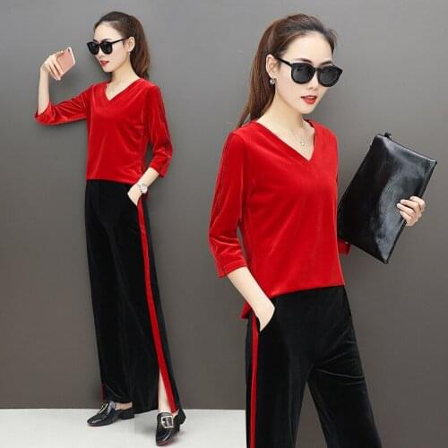 Popular Pleuche Womens 2 Pieces Outfits V Neck Tops and Split Sweat Pants Tracksuit Set Female Sportwear M-3XL