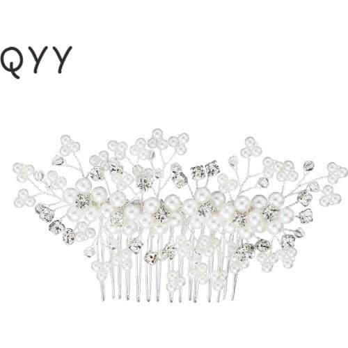 QYY Ivory White Pearls Hair Combs Austrian Crystal Wedding Hair Ornaments Accessories Bridal Head Jewelry Handmade Hairpieces
