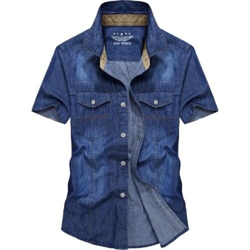 Summer Boy Fahion Style Bule Denim Men Shirt Hiking Breathable Clothing Turn-down Collar Homme Short Sleeve Slim Climb Shirts