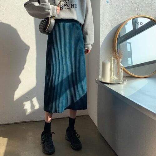 Solid Knitted Pleated Women Skirts Autumn Winter Ladies Thick Midi Skirt Elegant Vintage Female Elastic High Waist Pencil Skirts