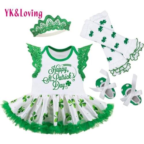 St Patrick Dress for Baby Girls Cotton Clothing Sets with Green Legging Warmers+Green Toddler Shoes Saint Patricks Day