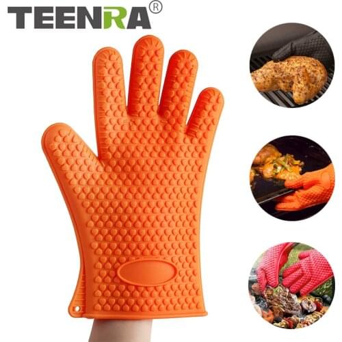 TEENRA 1Pcs Silicone Barbecue Oven Glove Food Grade Heat Resistant Kitchen Cooking BBQ Grill Glove Oven Mitt Baking Glove