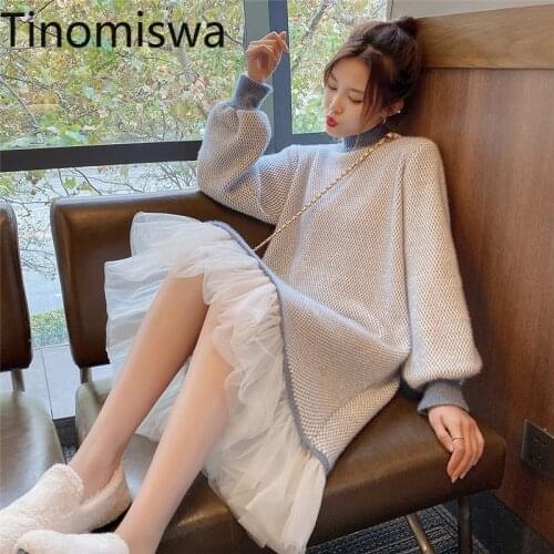Tinomiswa Gauze Patchwork Basic Sweater Dress Women O Neck Long Sleeve Casual Loose Elegant Knitted Dresses Female New Trend