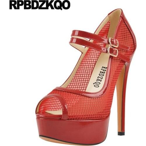 Mary Jane Shoes Stiletto Drag Queen Sexy Pumps Red Mesh Sandals 12 44 16cm Plus Size Women Peep Toe High Heels Platform Stripper