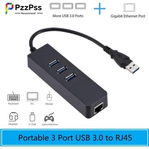 PzzPss Portable 3 Port USB 3.0 Hub10/100/1000Mbps Gigabit Ethernet Adapter USB to RJ45 Lan Network Card for Macbook Mac Desktop