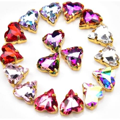 High Quality K9 Glass Crystal Ab 12*13Mm Classical Heart Shape 15Pcs Gold Claw Sew On Stone Pointed Back Diamond Rhinestones