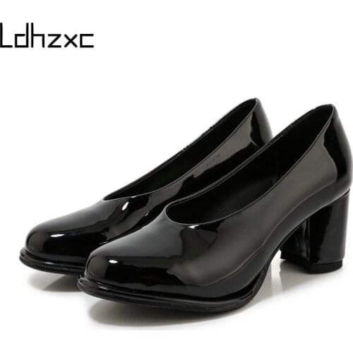 LDHZXC Women Shoes High Heels Autumn Round Toe Fashion Ladies Shoes Patent Leather Shiny Ladies Office Party Shoes Size 45 46