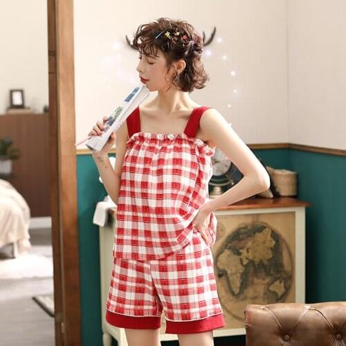 Women new style pure cotton Korean pajamas summer sexy spaghetti casual home fashion knittied back two piece pajama sets pajamas
