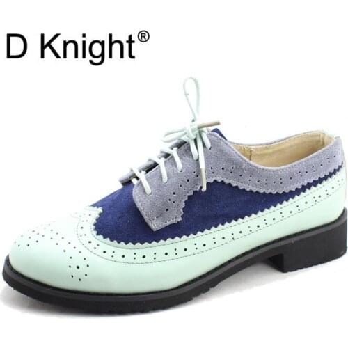New Womens Mixed Color Genuine Leather Oxfords Vintage Round Toe Lace Up Brogue Oxfords For Women Retro Girl Flat Colloge Shoes