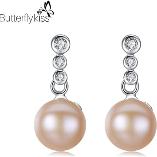 BK Fashion 8-9mm Pearl With 3A Zircon Earrings For Women Real 925 Sterling Silver Ear Drop Female Jewelry Anniversary Gifts