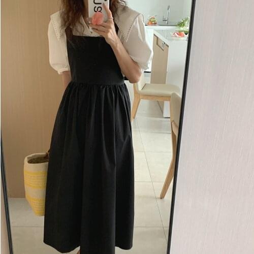 Alien Kitty New Sweet Summer White All Match Loose Blouses+ Black Slim Prom Girl Femme Slip Dresses Chic Two Piece Suits Sets