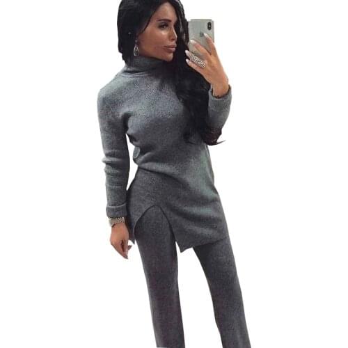 TAOVK Autumn Winter Women Knitting Suits Turtleneck Pullover Sweater Elastic Waist Pant Two Piece Set