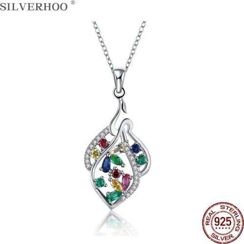 SILVERHOO 925 Sterling Silver Necklaces For Women Colorful Cubic Zirconia Tree Leaf Pendant Necklace Luxury Silver Jewelry Gift