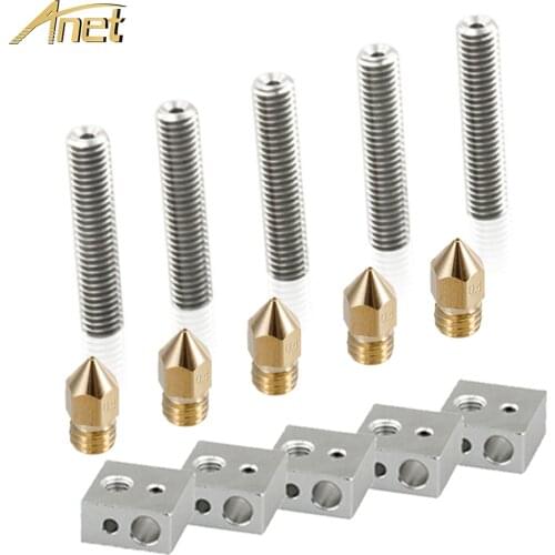 15pc/set 1.75mm Throat Tube+0.4mm Extruder Nozzle Print Heads+Heater Blocks Hotend for MK8 Makerbot Anet A8 A6 3d printer
