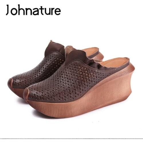 Johnature Genuine Leather Platform Slippers Summer Outside Turned-over Edge Slides Wedges Casual Ethnic Sandals Women Shoes