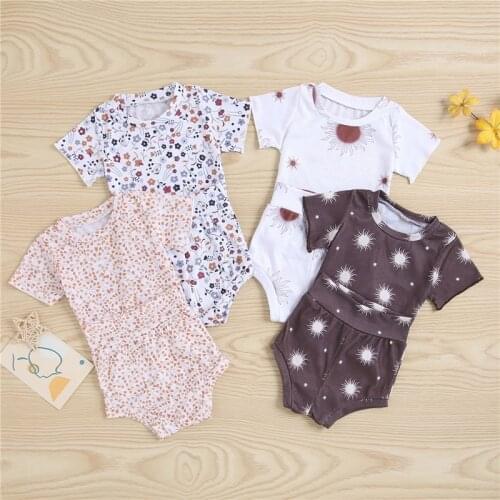 Lioraitiin 2Pcs Set 0-24M Toddler Girl Boy Summer Outfit Sun/Flower/Heart Print Short Sleeves T-Shirt Elastic Pantie