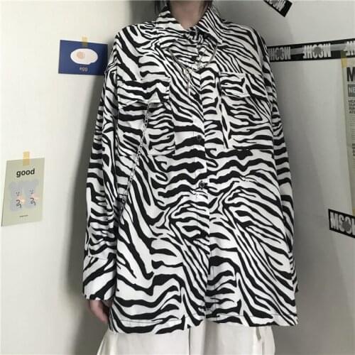 Korean Zebra Striped Long-Sleeved Couple Button Up Shirt Ladies Tops Aesthetic Gothic Tops Emo Kpop Clothes For Women In Autumn