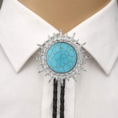 Round shape turquoise black bolo tie for man cowboy western cowgirl lather rope zinc alloy necktie bola tie tips