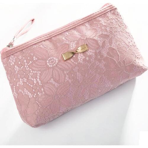 Girls Lace Design Cosmetic Bags Women Daily Use Makeup Bags For Girls Fashion Bow-Knot Female Zipper Women Cosmetics Bag 801-1