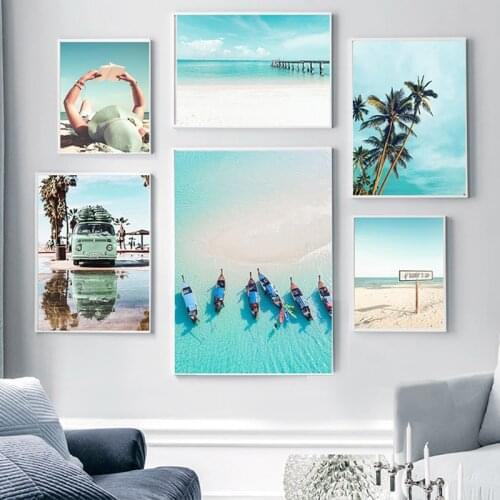 Boat Ocean Waves Overhead Picture Nature Scandinavian Poster Nordic Decoration Sandy Beach Bus Print Wall Art Canvas Painting