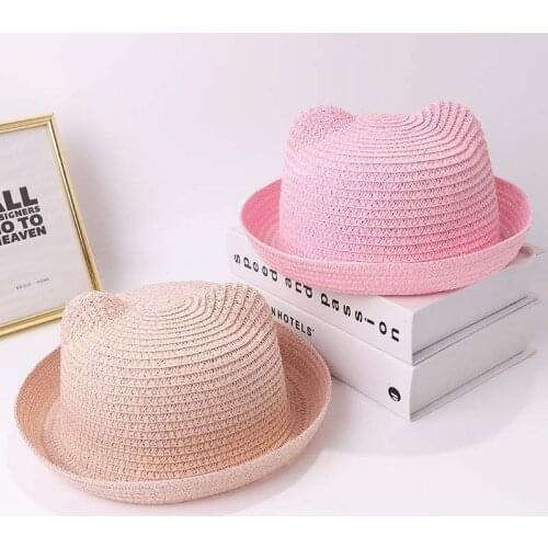 Cute Baby Hat With Ears Summer Straw Mesh Infant Baby Girl Boy Hat Kids Snapback Baseball Cap Children Beach Sun Hat Bonnet Cap