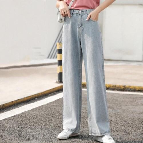 Fashion Women Straight Jeans High Waist Pockets Wide Leg Trousers Loose Denim Pants Long Jeans Casual Female Blue Cargo Pants