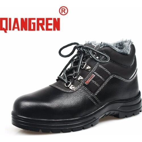 QIANGREN Military Brand Mens Winter Genuine Leather Rubber Safety Black Boots Male Outdoors Work Safety Shoes Homme Plush Warm