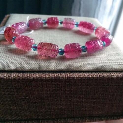 Natural Engravings pink Blue Tourmaline Crystal Beads Bracelet 13*9mmAAAAAA