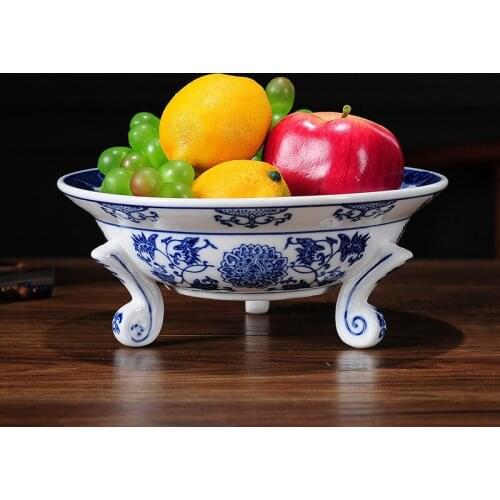 Chinese Style Retro Blue and White Porcelain Ceramic Fruit Plate Fruit Candy Plate Living Room Tall Plate Decoration Ornaments
