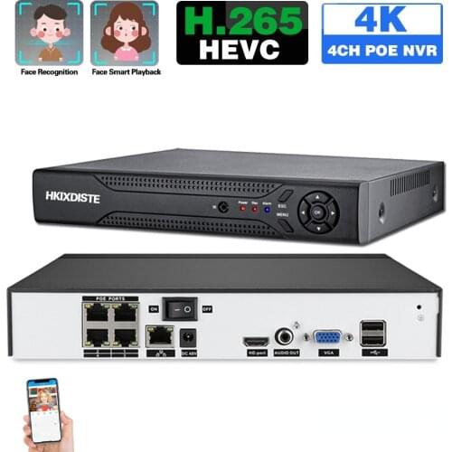 4K CCTV NVR Recorder 4 Channel Face Recognition POE Network Video Recorder 8MP 4CH POE NVR Security Surveillance System XMEYE