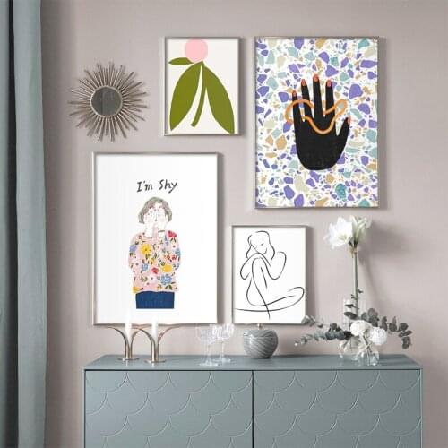 Modern Shy Girl Hand Line Figure Canvas Painting Posters and Prints Wall Art Picture for Living Room Decoration